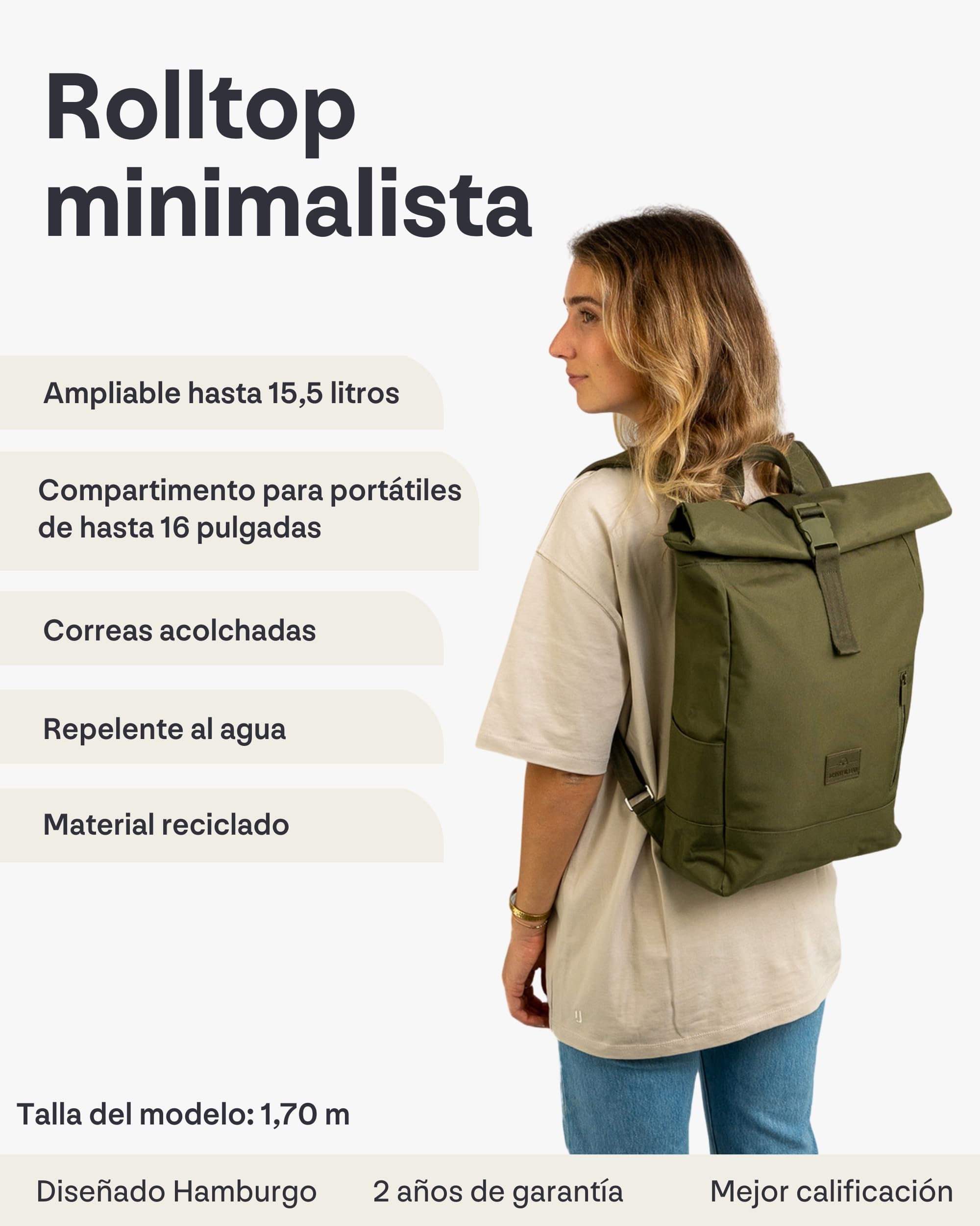 Johnny Urban Mochila Mujer Hombre - Robin Medium - Roll Top Grande para Escolar, Universidad, Trabajo - Compartimento para Portátil - Impermeable