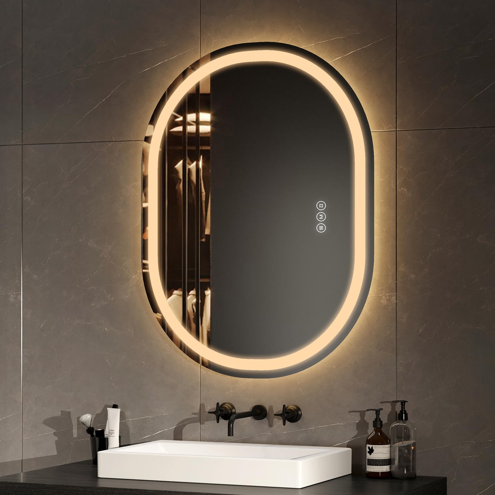 EMKE Espejo de baño con iluminación 60x80 cm,antivaho,Interruptor táctil