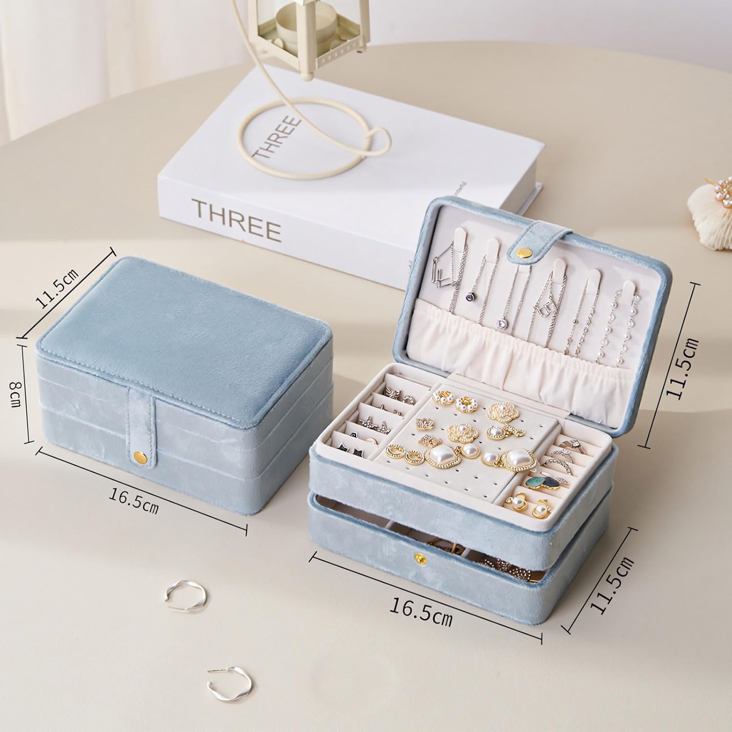 cjc 2 - Layer Jewelry Box for Women,Travel Jewelry Case Plush Velvet Jewelry Organizers Storage Ring Boxes Eardrop Holder for Necklaces Rings Earrings Bracelets, Best Gifts for Wife Women Mom (Gray)