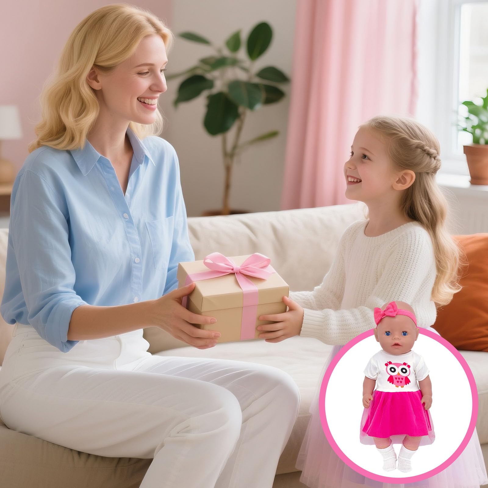 6 sztuk ubrań dla lalek 35-43 cm, elementy zwierzęce, 2 ozdoby do włosów z kokardką, 1 spódnica, 1 zawieszka w kształcie sowy, 1 para skarpet, 1 wieszak na ubrania, zestaw ubrań dla lalek dla
