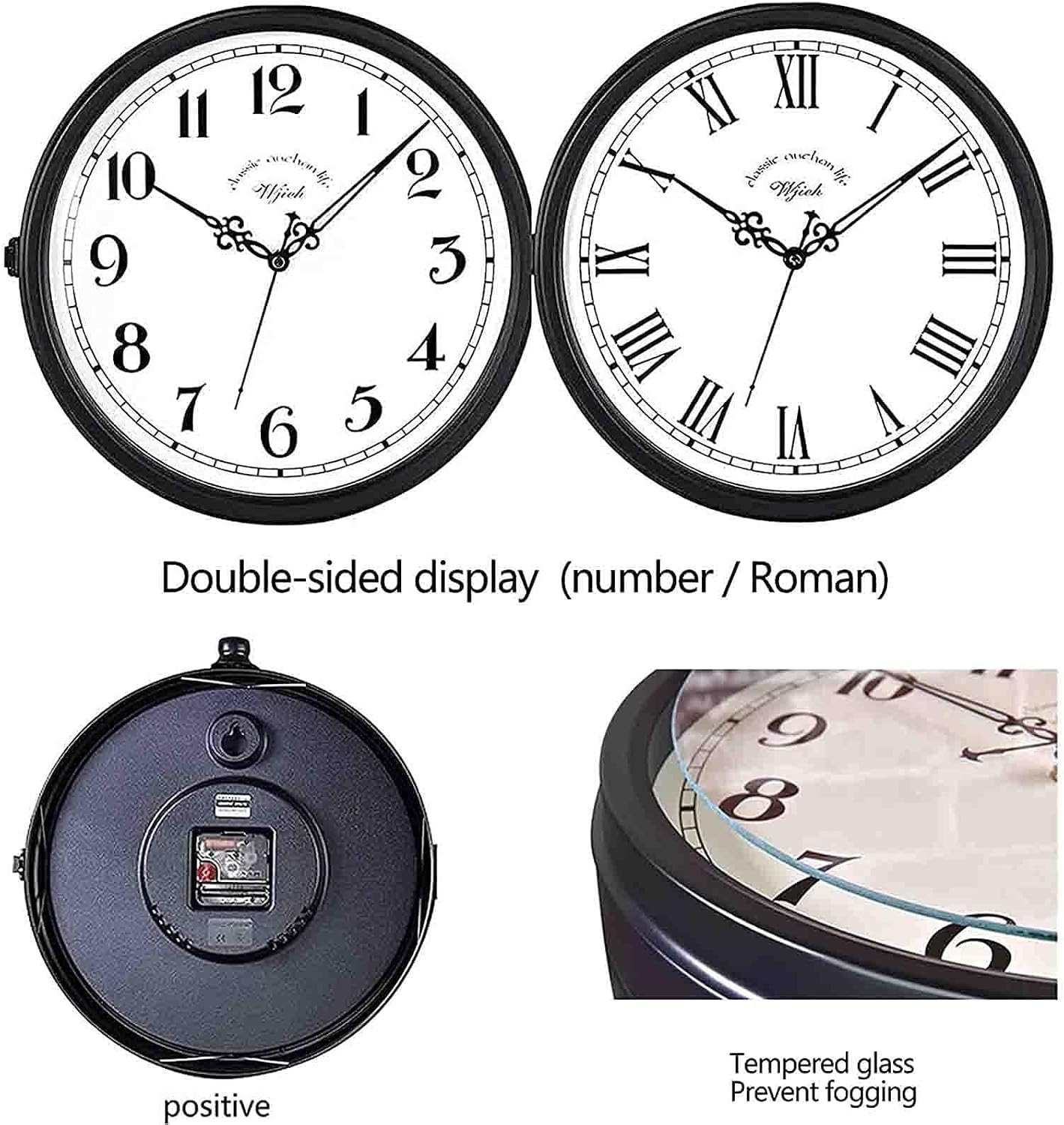 Outdoor Double Sided Wall Clock Vintage Retro Metal Frame Waterproof Cover Silent Non-Ticking Hanging Bracket Clock