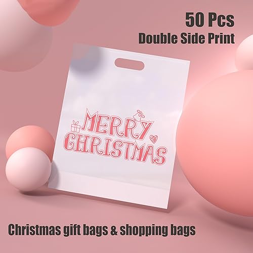 Miniatura 3 de MeFacys Bolsas de regalo de Navidad, 50 bolsas de compras de Navidad de 9 x 12 pulgadas para boutique, bolsas de plástico blanco y rojo con patrón