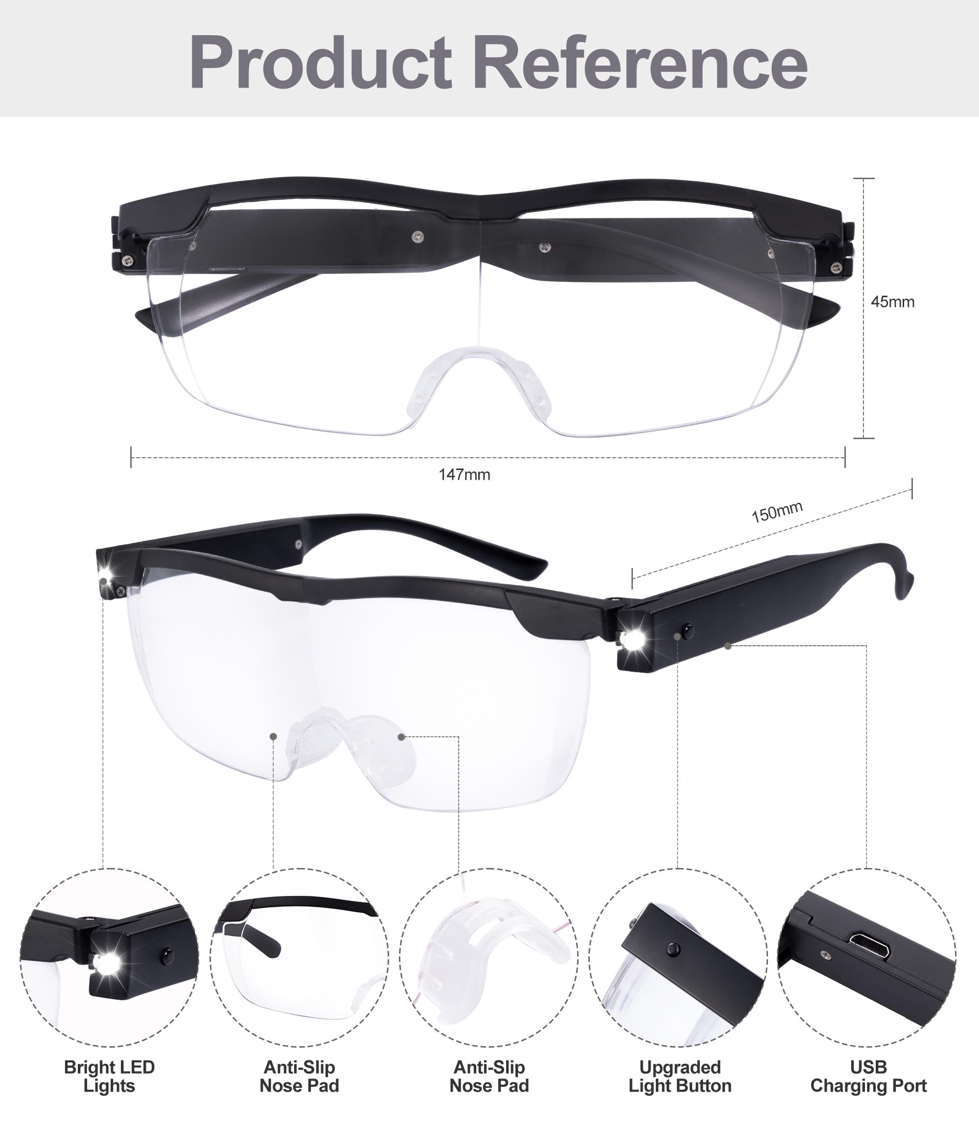 OKH Gafas de lectura LED 160 % brillantes con luz LED para lectura de trabajo cercano