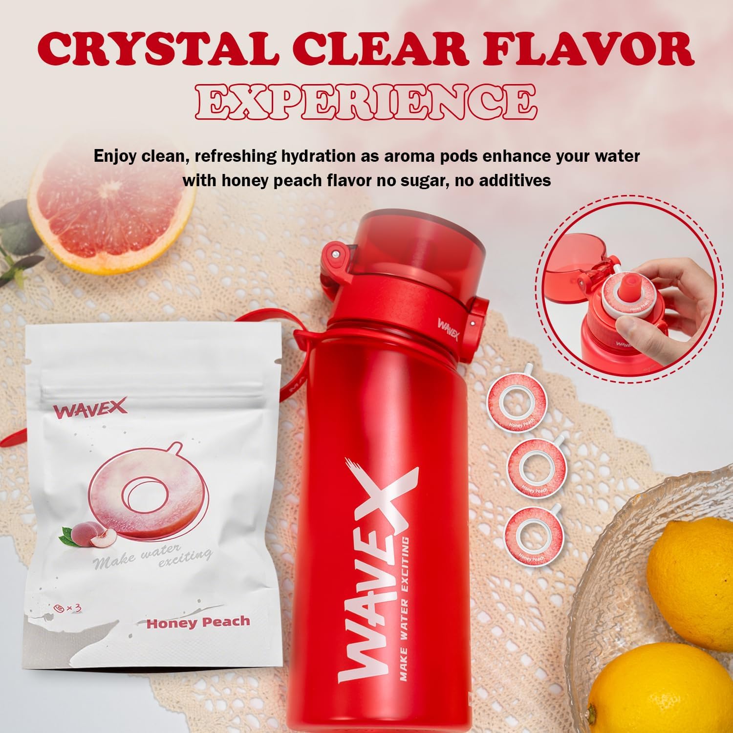 Flavored Water Bottle That Makes Plain Water Enjoyable, Aroma-Powered Hydration, Includes 3 Honey Peach Aroma Flavor Scent Pods, No Sugar or Additives, 0 Calorie, (550ml, Crimson Wave Red) - Image 5