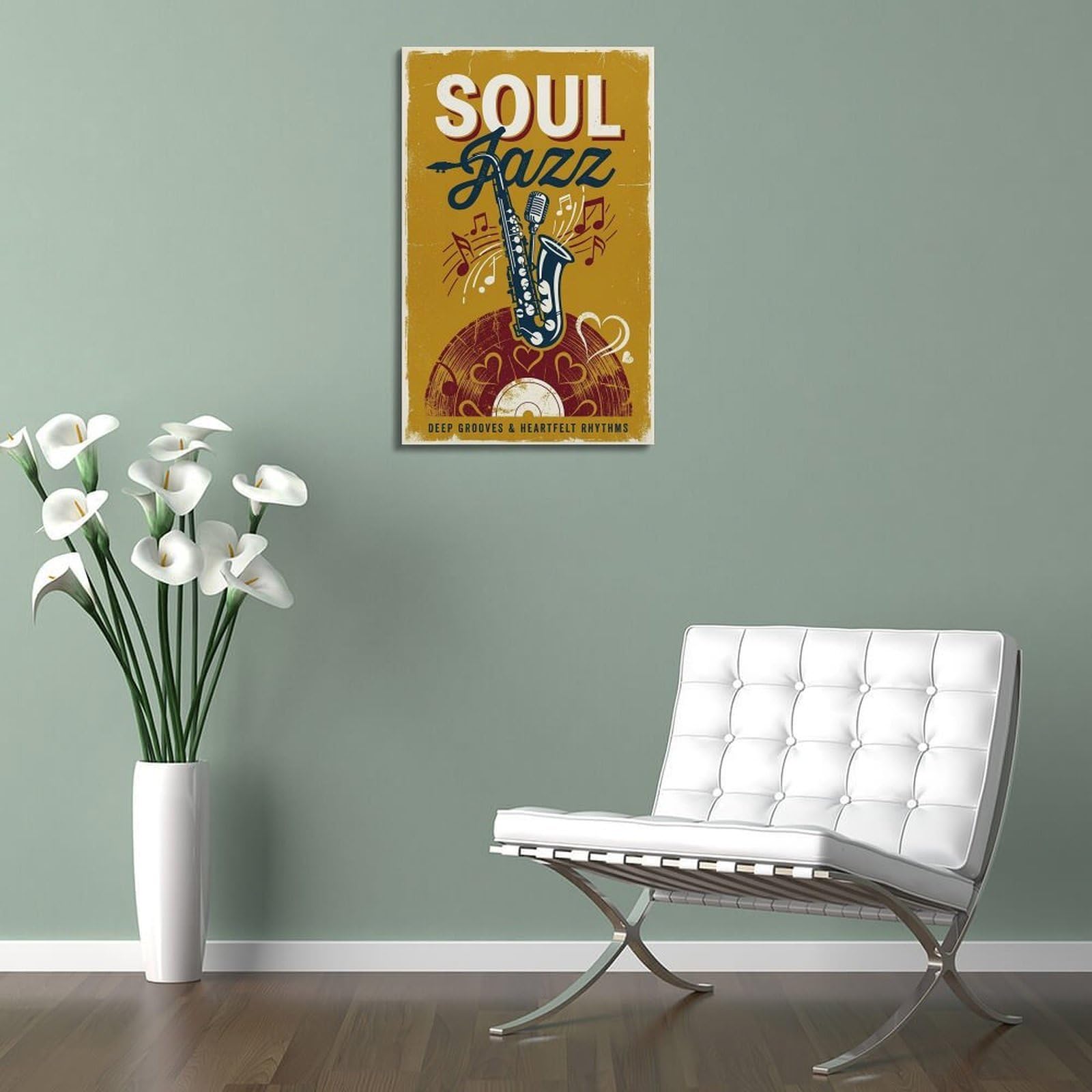 OKNGB Musikposter mit Saxophon und Vinyl-Schallplatten-Poster, Motiv: Soul, Jazz, Vintage-Stil, dekoratives Gemälde, Leinwand, Wandposter und Kunstdruck, moderne Familienschlafzimmer-Dekoration