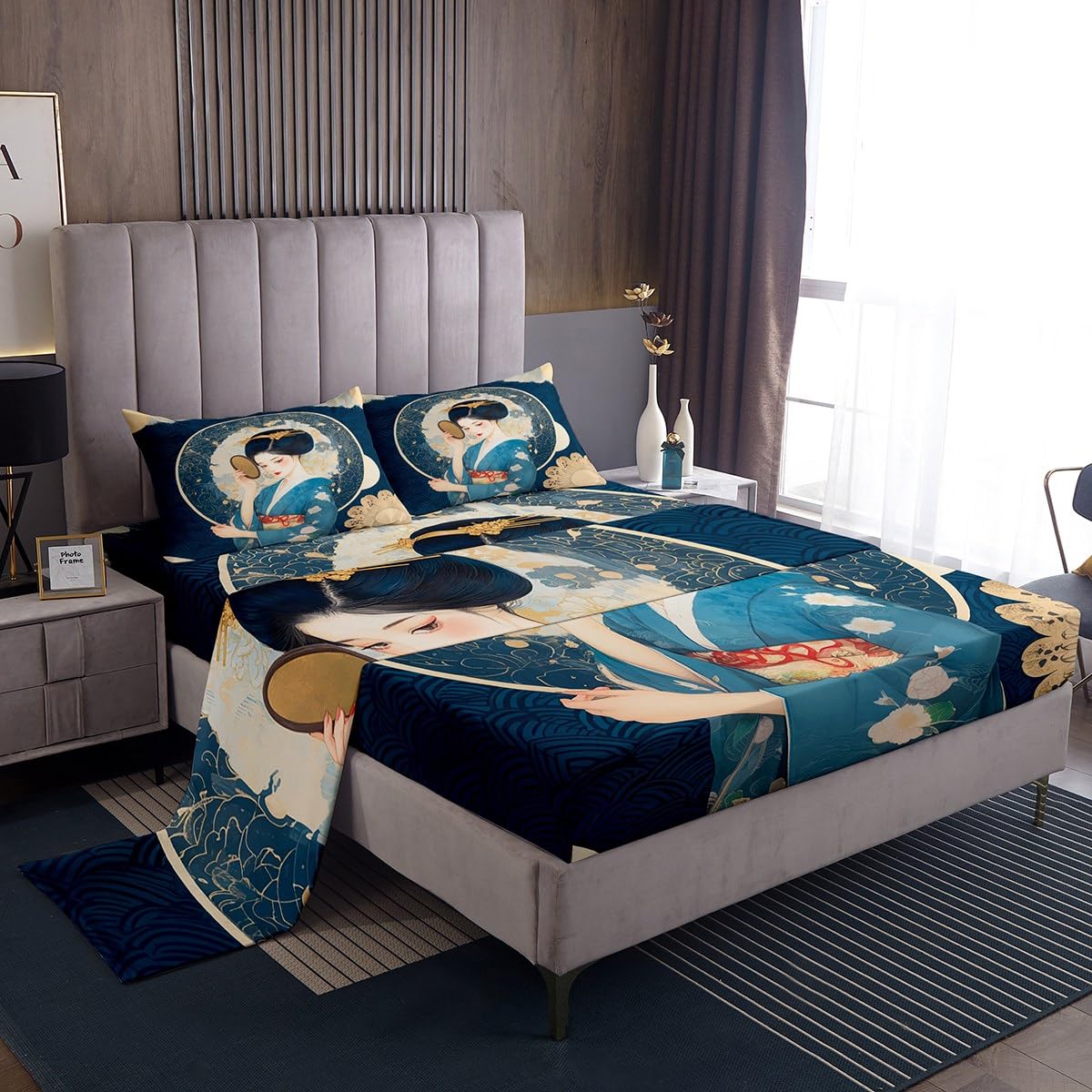jejeloiu Japan Geisha Bed Sheets Set Full Size Kids Traditional Architecture Bedding Set for Boys Girls Teens Japanese Style Fitted Sheet Room Decor