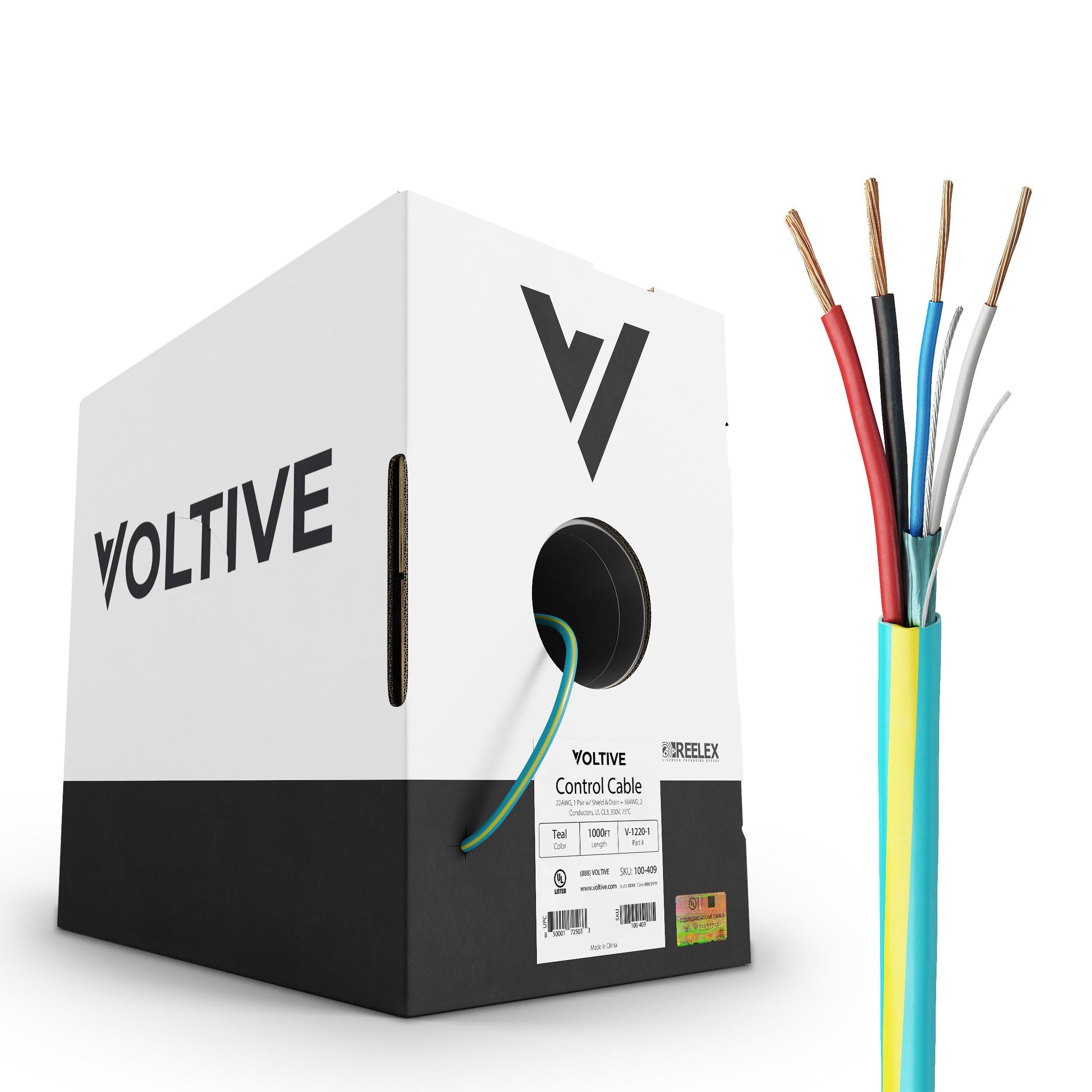 Voltive22/2 + 18/2 Control Cable for Lutron and Crestron Systems - in Wall Rated (CL2/CL3) - Oxygen-Free Copper (OFC) - 1000 Foot Bulk Cable Pull Box - Teal w/Yellow Stripe