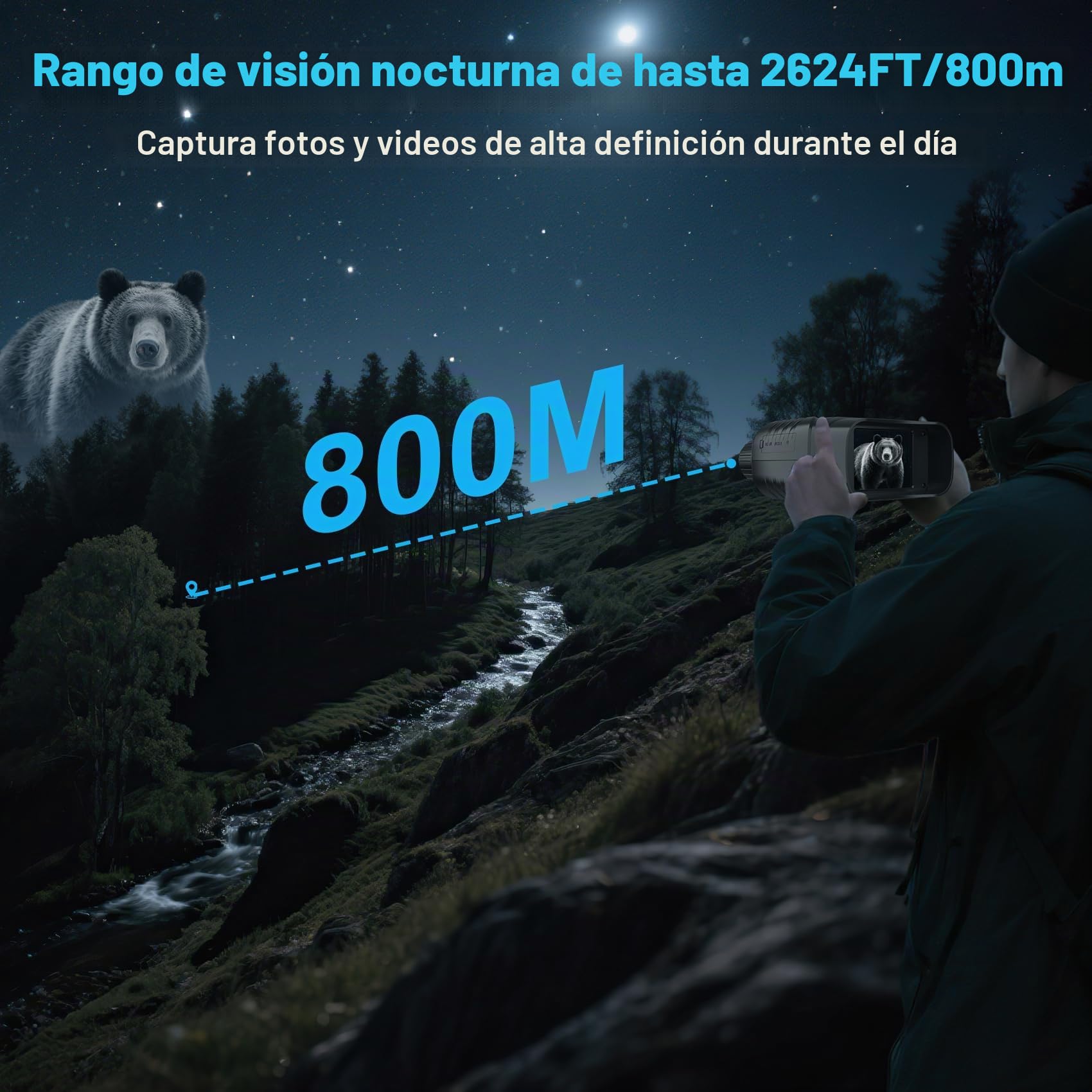 Binoculares Visión Nocturna, 7 Niveles de Infrarrojos, Zoom Digital 10X/ Rango de 800m/ Una Pantalla HD de 2.8"/ 2000mAh Recargable con Tarjeta 32GB/ para Cazar/Acampar