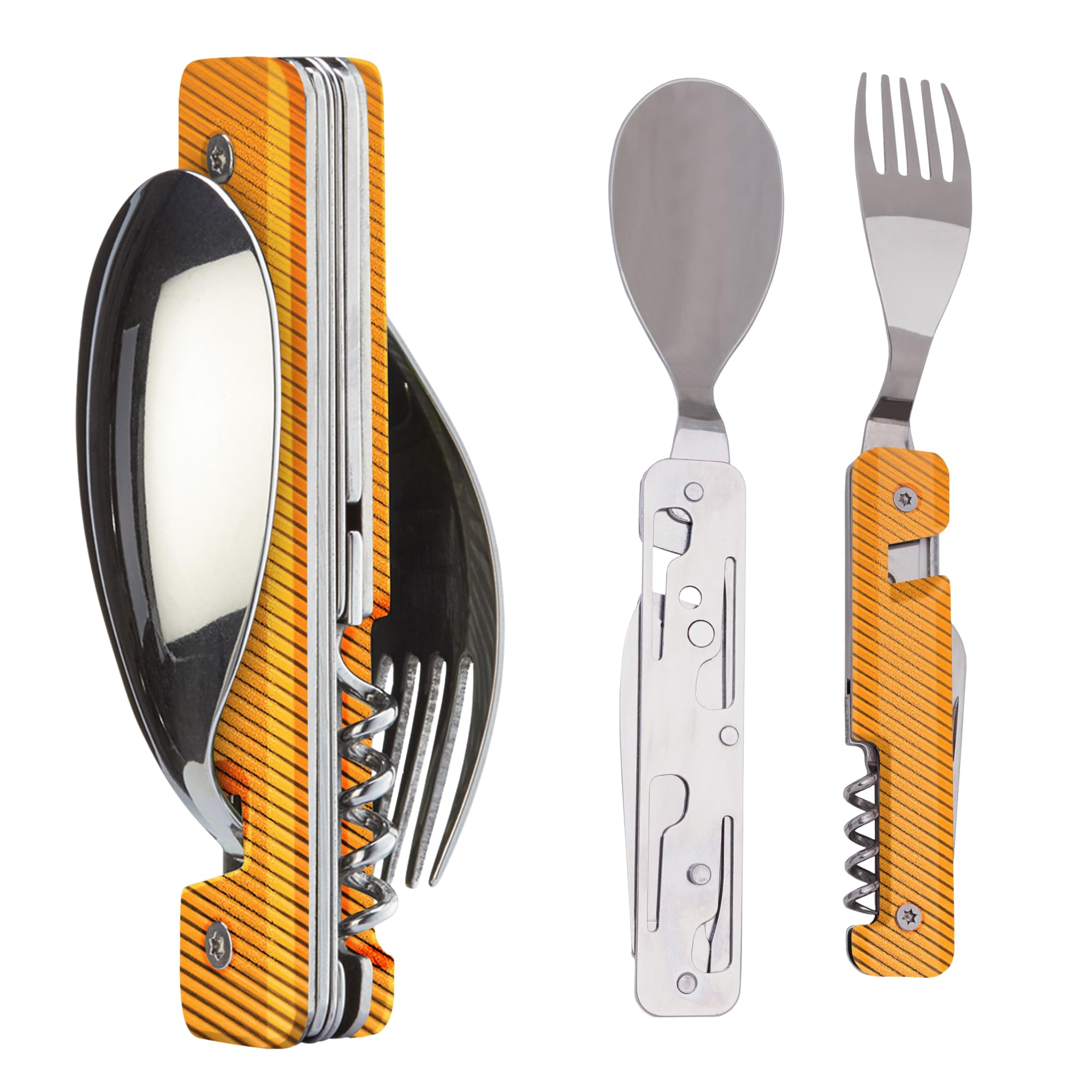 Akinod 6-in-1 Camping Cutlery Set – Multifunctional Stainless Steel Knife, Fork, Spoon with Corkscrew, Can & Bottle Opener, Compact Gadget for Camping Essentials