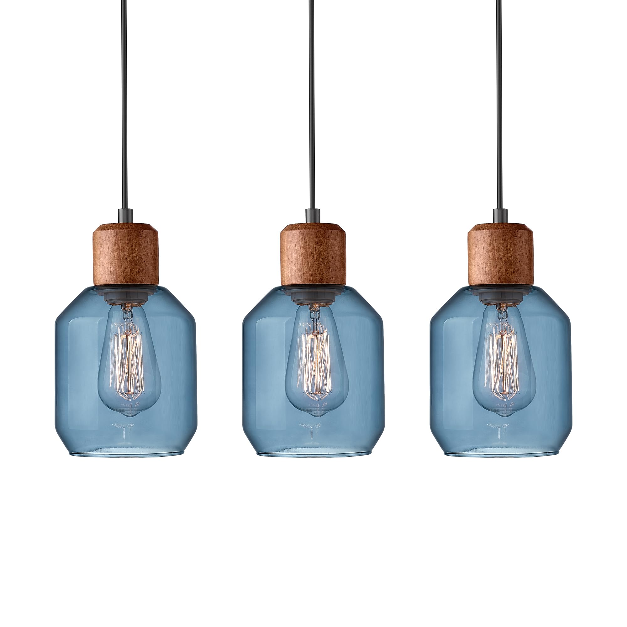 ELYONA Island Lights Glass Pendant Lighting for Kitchen Solid Wood & Blue Clear Glass Pendant Light Fixtures Modern Hanging Lamps for Dining Table Bedroom Living Room Farmhouse Sink Coffee Bar, 3 Pack