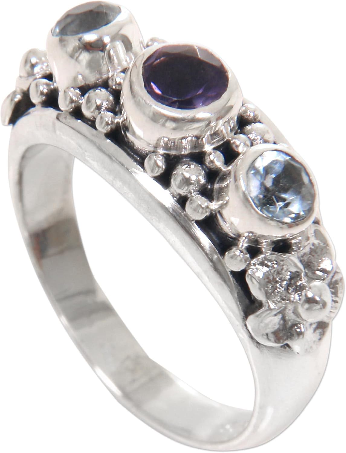 NOVICA Artisan Handmade Amethyst Blue Topaz Cocktail Ring .925 Sterling Silver Floral Purple Indonesia Birthstone 'Seminyak Blossoms'