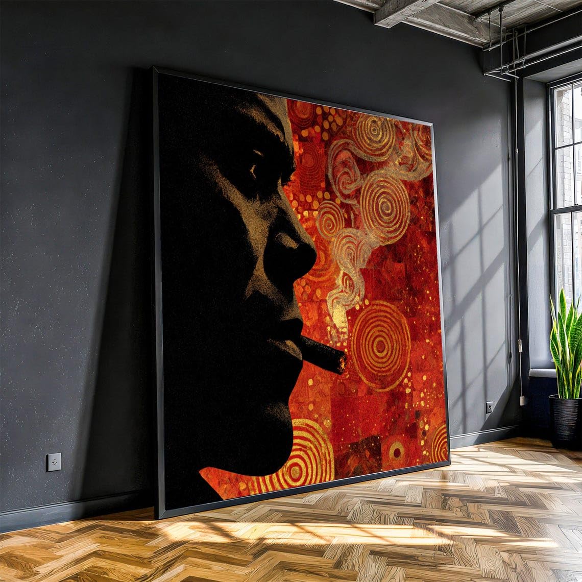 YUSUZHU Vintage Smoking Man Canvas, Abstract Man Portrait Canvas Wall Art, Decorative Canvas, Red and Gold Home Decor Painting(40x40cm/Frameless)