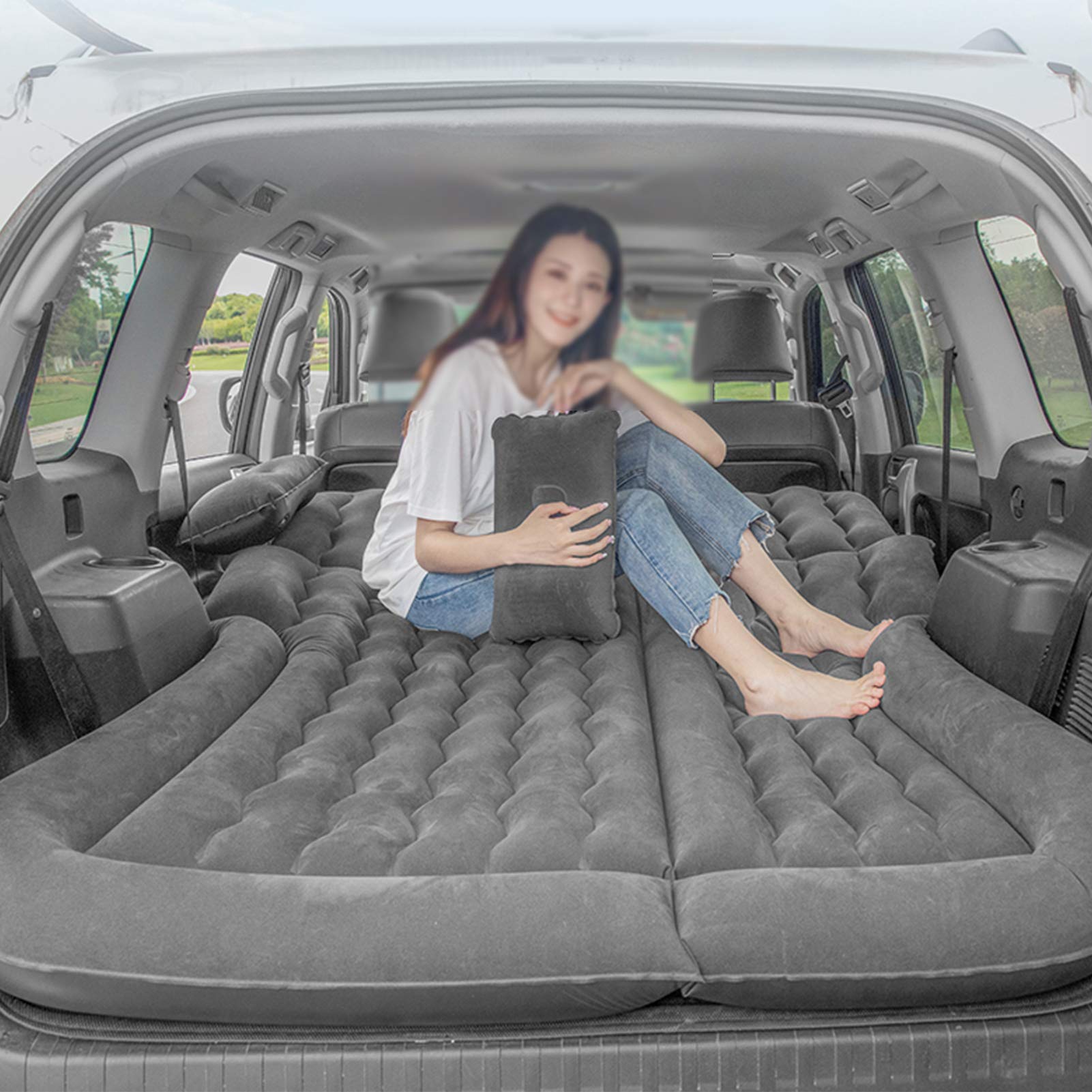 Materac Samochodowy SUV, Nadmuchiwany Materac Przenośne Ruchome Grubsze łóżko Powietrzne z Pompą Powietrza i Dwiema Poduszkami do Podróży Camping Zajęcia na świeżym Powietrzu 174 X 126 Cm(czarny)