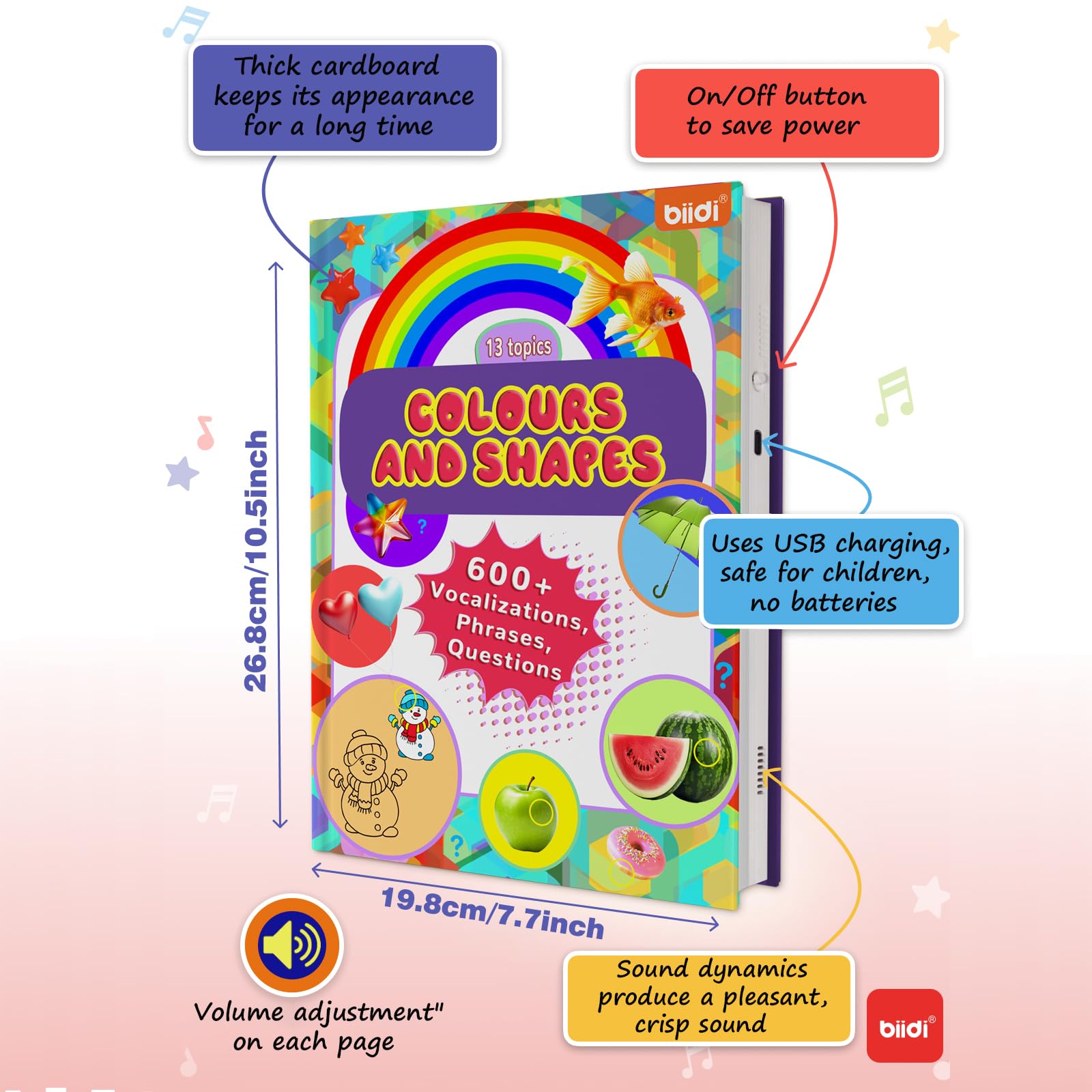 biidi English Learning Talking Book, Early Learn Interactive Audio Books for Toddler, 600+ Sounds and 13 Topics, Educational Electronic Word Toy for Kids, for 2+ Years Old, (Colors & Shapes)