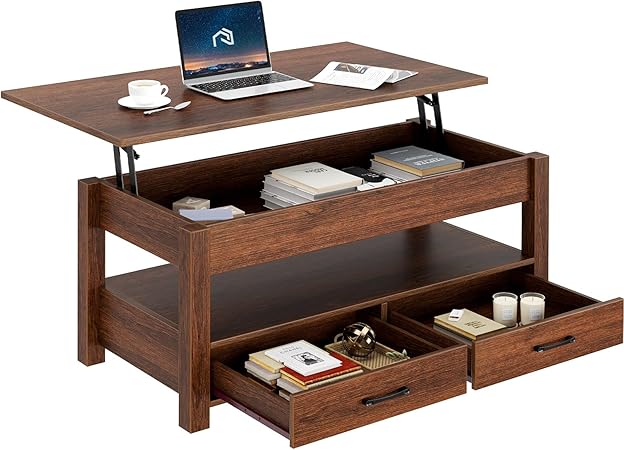 Lift Top Coffee Table with Drawers and Hidden Compartment, Espresso