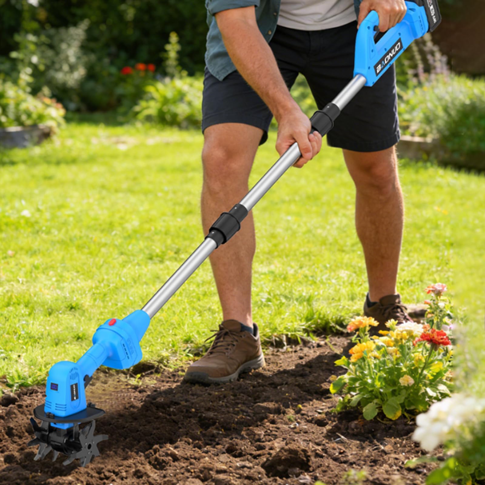 Tiller eléctrico inalámbrico, rotavador de suelo de 21 V con mango ajustable, ancho y profundidad de labranza de 10 cm, cultivador eficiente para jardín, patio y césped