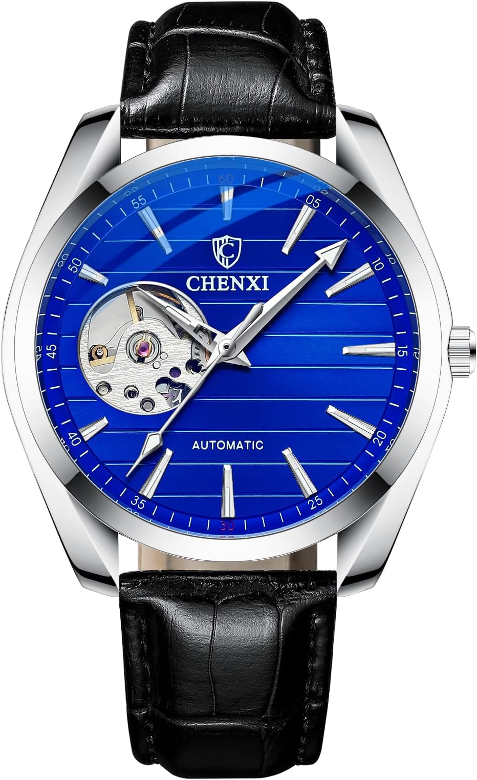 MASTOP Men's Watch Automatic Mechanical Business Watch Stainless Steel Black Leather Waterproof Men's Watch