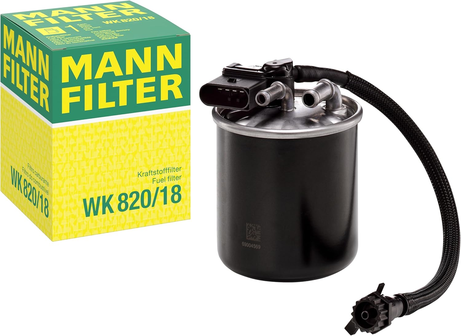 MANN-FILTER WK 820/18 Fuel Filter Compatible With Select Mercedes-Benz Sprinter Models With Integrated Fuel Heating System & Connection For Water Suction Removal