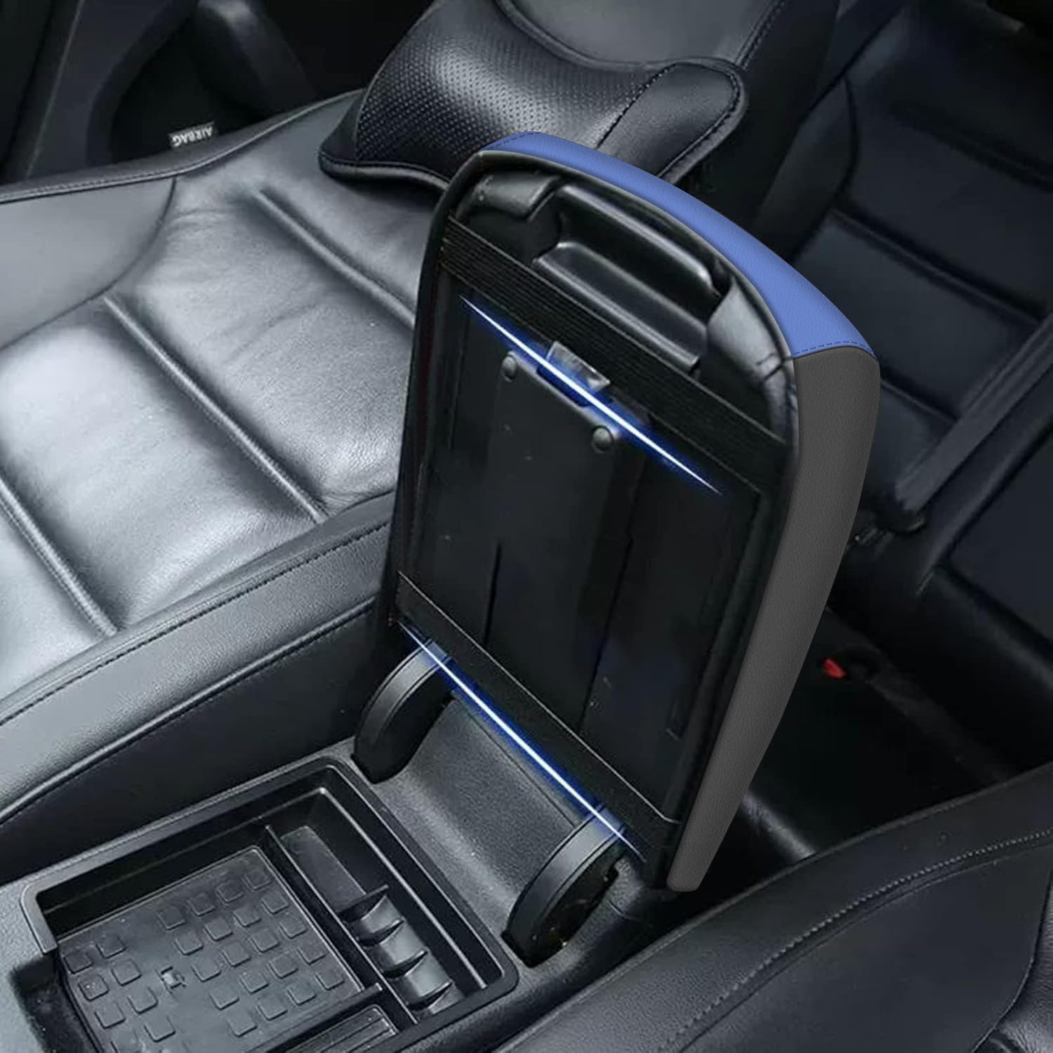 AOMSAZTO Console Covers for 2007-2011 Toyota Camry Armrest Covers for Toyota Camry Black with Blue Leather