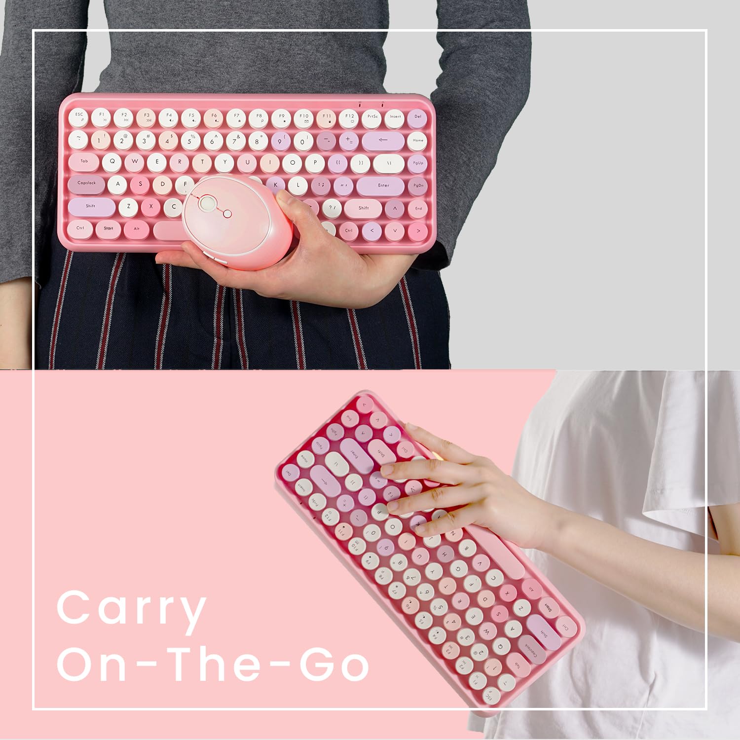 Perixx PERIDUO-713 Ensemble Mini Clavier et Souris sans Fil,USB, 2.4 GHz, Touches de Style Rétro Arrondies, Rose Pastel, AZERTY