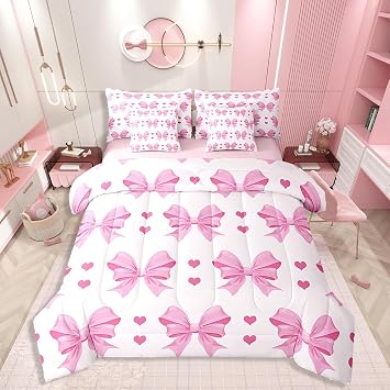 Erosebridal Bow Bedding Set Girls Twin Size Pink Girls Bow Comforter Set 7 Piece for Kids Women Teens Children Cute Bowknot Sheet Sets with Comforter Kawaii Love Heart Decor for Bedroom