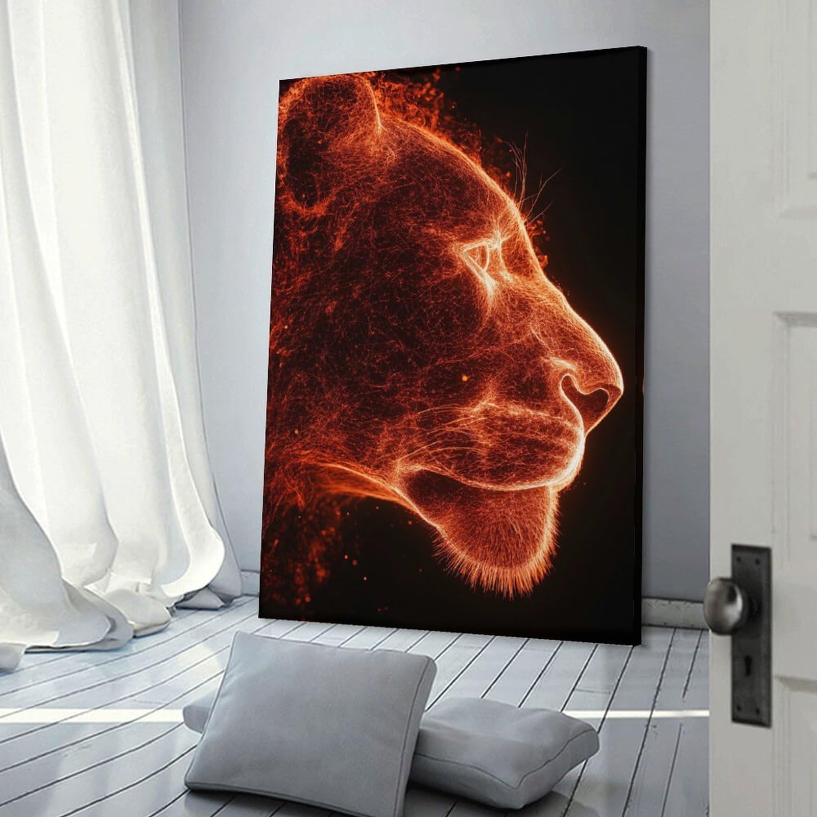 Junmoney Frame-Style-5-1 Canvas Wall Decor Fiery Lion Profile Poster, Picture, Metal Print, Paint By Creed, 08X12inch(20X30cm), For Flats, Guest Rooms Or Compact Rooms, Wall Decor With Flexible Room Appeal