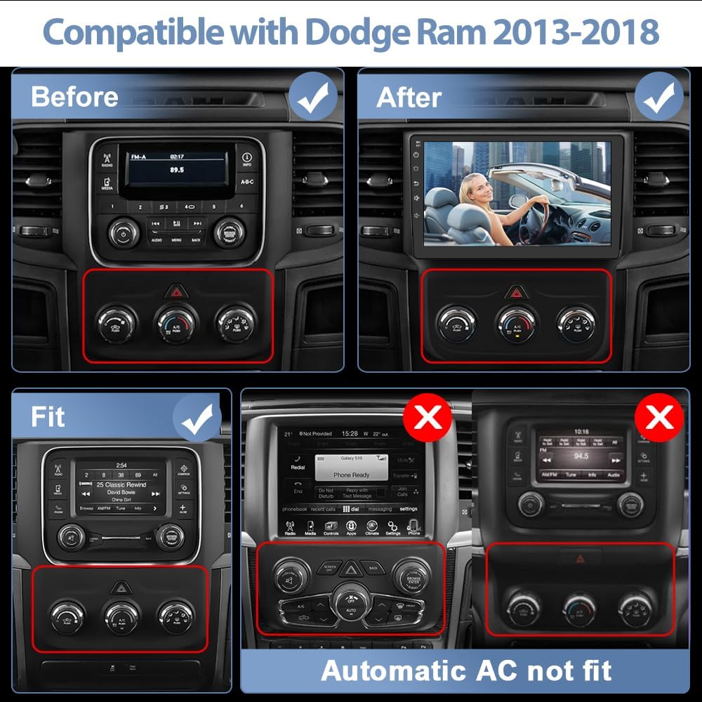 Android 13 Car Radio for Dodge RAM 1500 2500 3500 2013-2018 with Wireless CarPlay Android Auto, 9'' Touch Screen Radio Replacement 2G Ram 32G ROM(Only fit Manual AC)