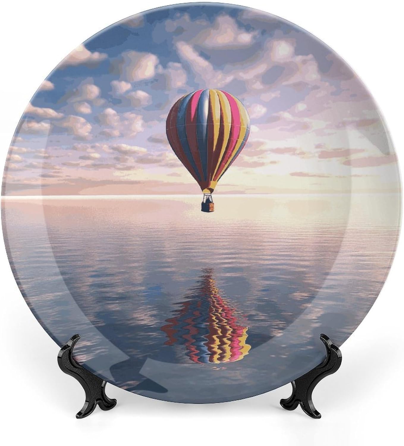 Hot Air Balloon Over The Sea Decorative Plates for Display Round Porcelain Plate Living Room Table Ceramic Hanging Decorative Plate Art Decor for Living Room Table with 1 Display Stand 8inch