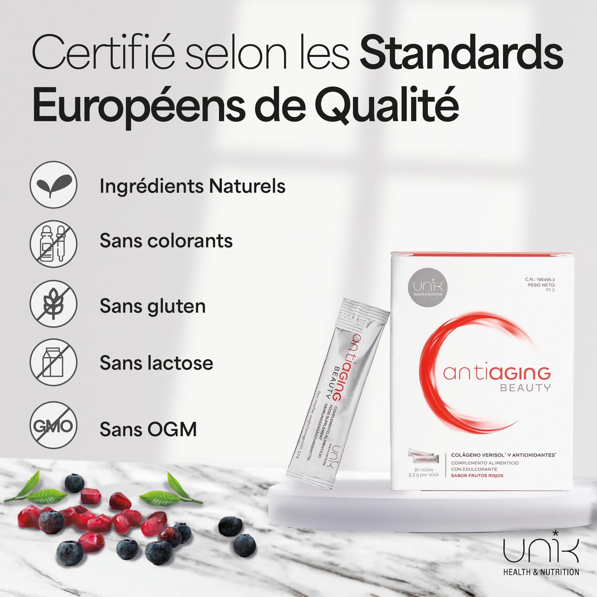 Colágeno Verisol con Ácido Hialurónico + Biotina + Granada y Açai 30 Sticks Antiaging Beauty Sabor Frutos Rojos Suplemento Natural para Piel Firme Sin Arrugas Cabello Saludable y Uñas Fuertes (1)