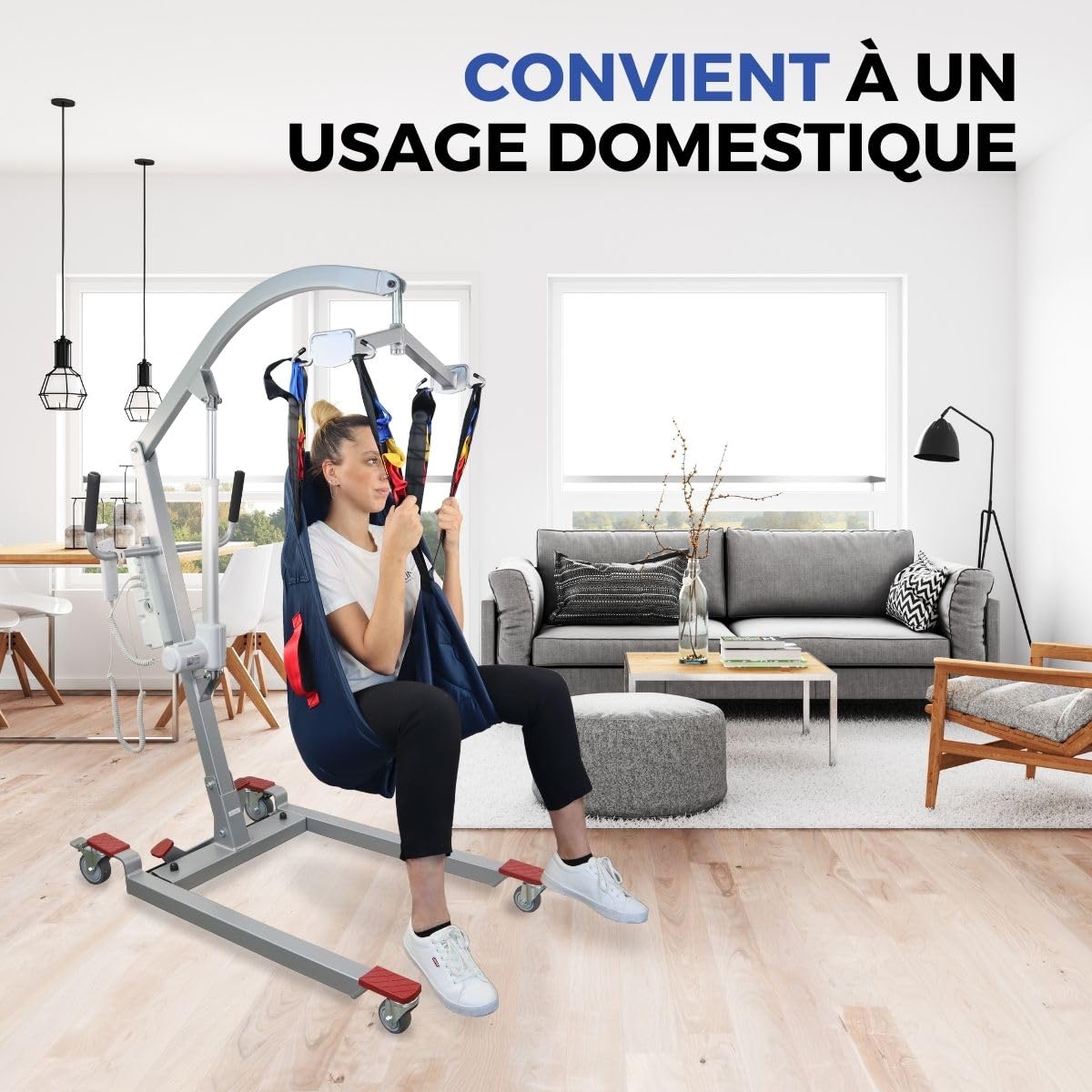 Mobiclinic®, Lève-personne Électrique pour Personnes Âgées, Jusqu'à 180 kg, avec Harnais de Transfert Inclus, Largeur Réglable, Utilisation Pendant la Charge, Roues avec Freins, Acier, Fortuna Basic