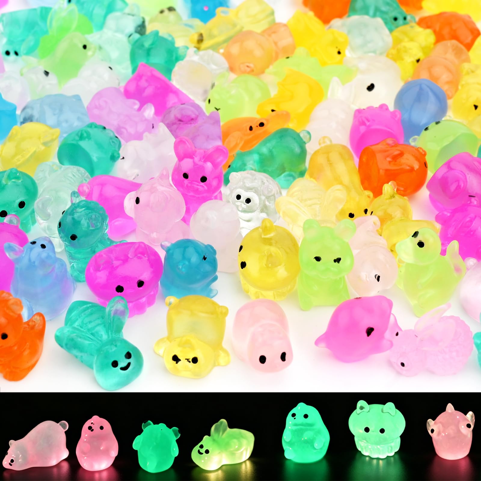 100Pcs Luminous Mini Resin Animals Random Assorted Tiny Glow in The Dark Plastic Animal Figures Small Resin Animals for Micro Landscape Fairy Garden Aquarium Dollhouse Decor (B)