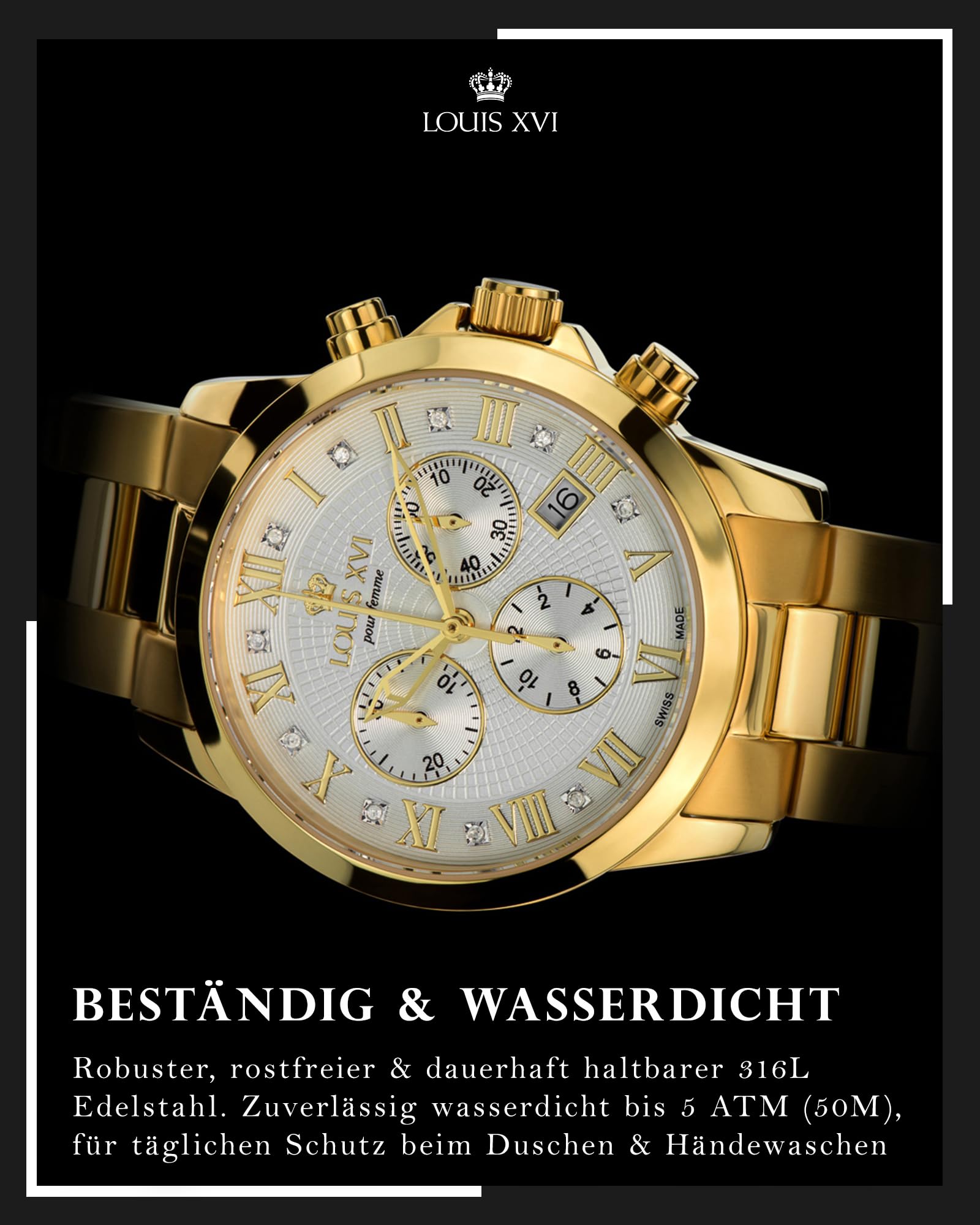 LOUIS XVI Damen-Armbanduhr Athos Pour Femme Stahlband Gold Zifferblatt Schwarz/Weiss Chronograph Analog Quarz Edelstahl
