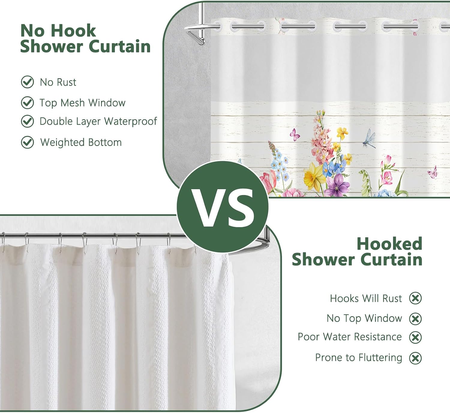 No Hook Floral Shower Curtain with Snap in Liner, Double-Layer Waterproof Shower Curtains with Translucent Top Mesh Window, Spring Flower Farmhouse Shower Curtain with Weighted Bottom, 71"W x 74"L