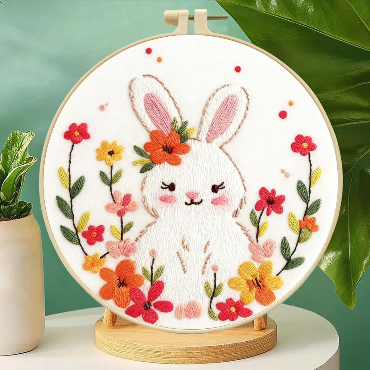 Zhenqing Fairy Tale Rabbit Embroidery Kit for Beginners, 29x29cm Pre-Printed Cotton Fabric with 20cm Hoop, Cute Bunny with Flowers Design for Home Decor(C0049) image 2