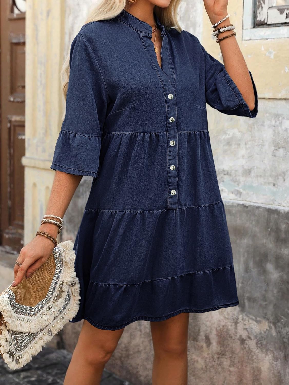 ebossy Women's Summer Casual 3/4 Sleeve Ruffle Jean Dress Tiered Flowy Button Down Shirt Dress 2025 Trendy Outftis (X-Large, Navy Blue) - Image 2