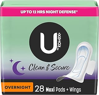 U by Kotex Clean & Secure (Previously 'Security') Overnight Maxi Pads with Wings for women, 28 Count (Packaging May Vary)