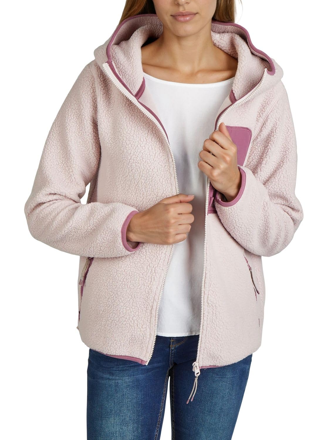 DENIMFY Fleecejacke Damen Regular Fit DFLea Teddyfleece Kapuzenjacke Winterjacke Übergangsjacke Stehkragen Navy Blau Beige Grün S M L XL XXL 3XL