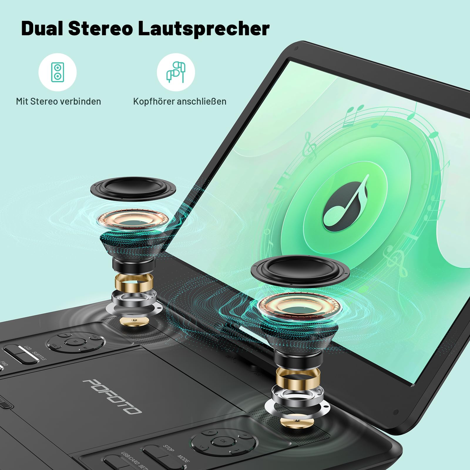 POFOTO 17,5'' Tragbarer DVD-Player mit 15,6'' Drehbarem HD-Display, 6h Akkulaufzeit, Unterstützt Mehrere Formate/SD/USB, TV/Projektor-Sync, Stoßfest & Speicherfunktion, Stereo-Lautsprecher (Schwarz)