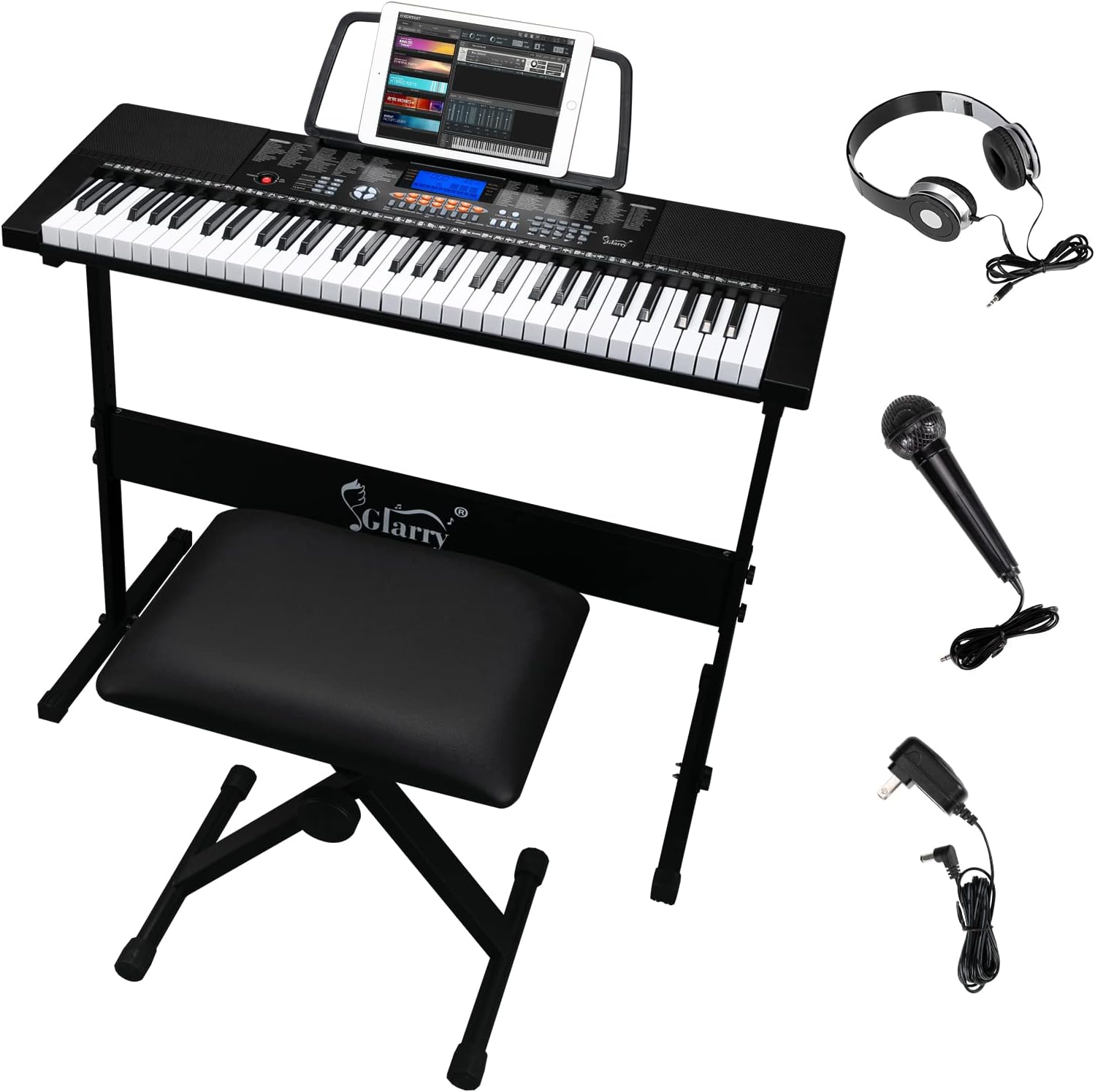 61-Key Portable Electronic Keyboard Piano set w/LCD Screen, Stand, Microphone, Headphones, Stand, Bench, Teaching Modes, Built-In Speakers