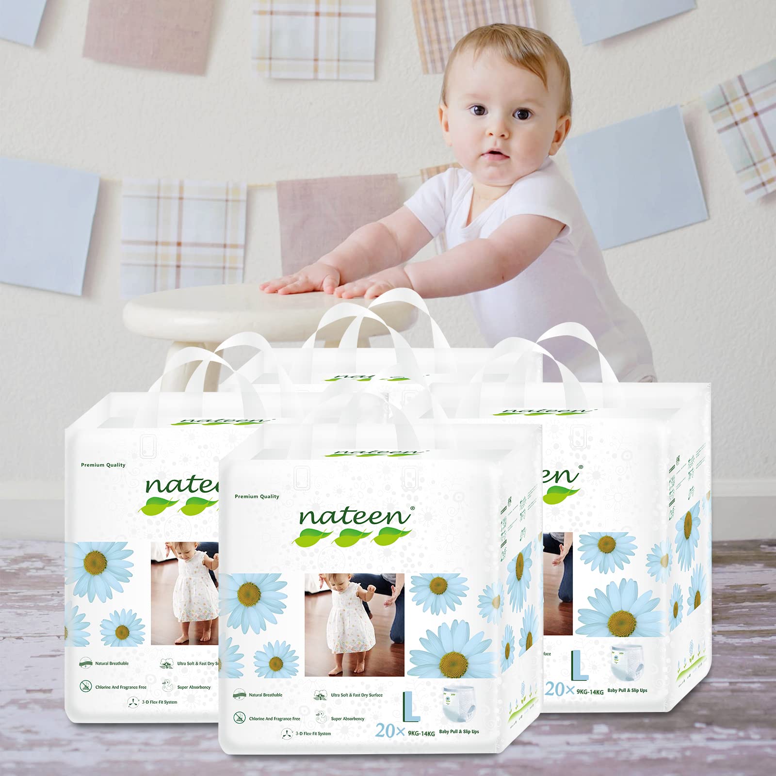 Nateen Premium Care Baby Pants Diapers,Size 4(9-14kg) Baby Diaper Pants,Large,80 count Pants,Super Absorbent Baby Pull Ups,3D Double Leak Guard,Ultra Thin Baby Diapers Pants.