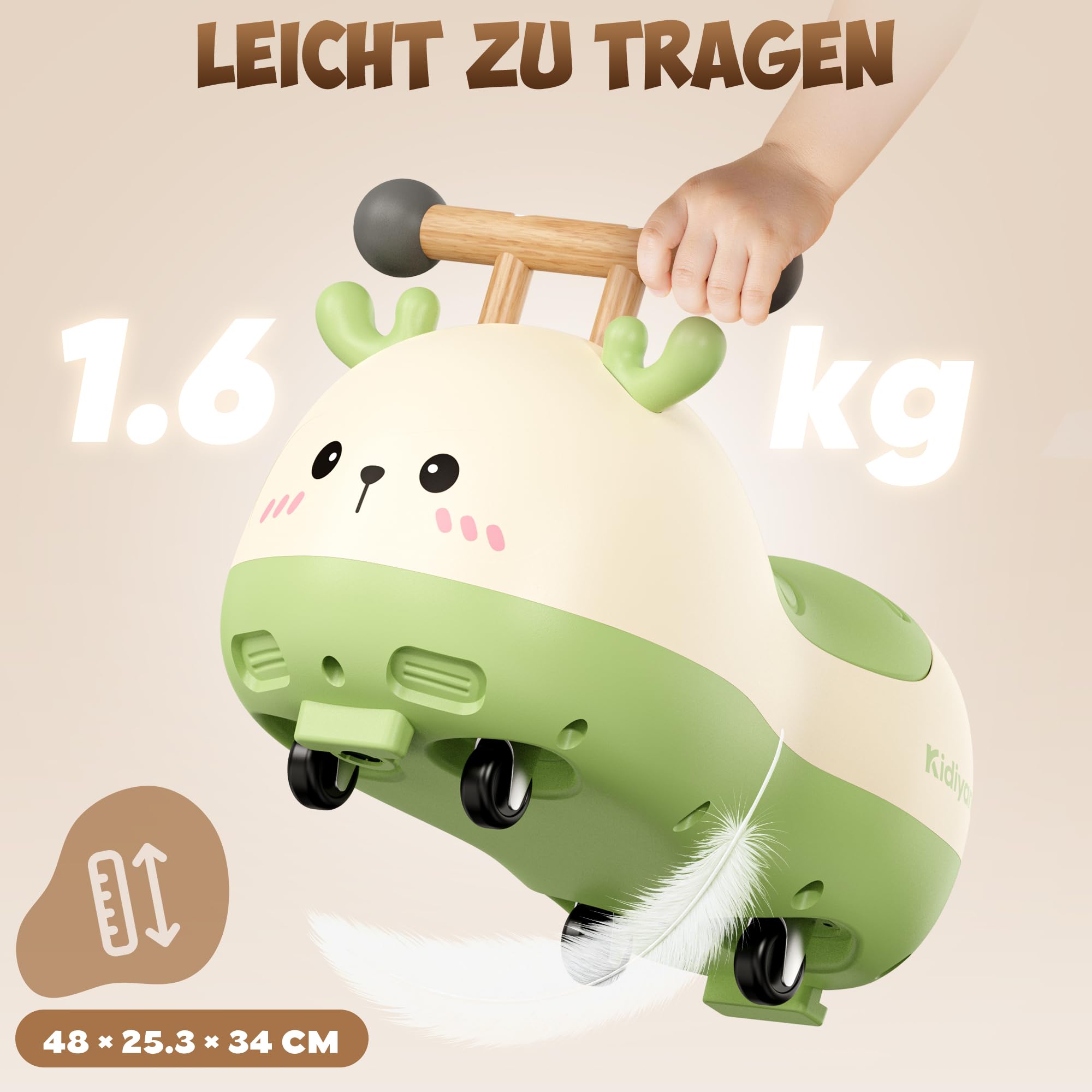 Rutschauto für Babys und Kleinkinder ab 10 Monaten, Hirsch Rutschfahrzeug mit 4 Rädern, Kinderrutscher, Sitzfahrzeug mit Buchenholzgriff, ABS-Korpus, 360 Grad Rollen, bis 30 kg