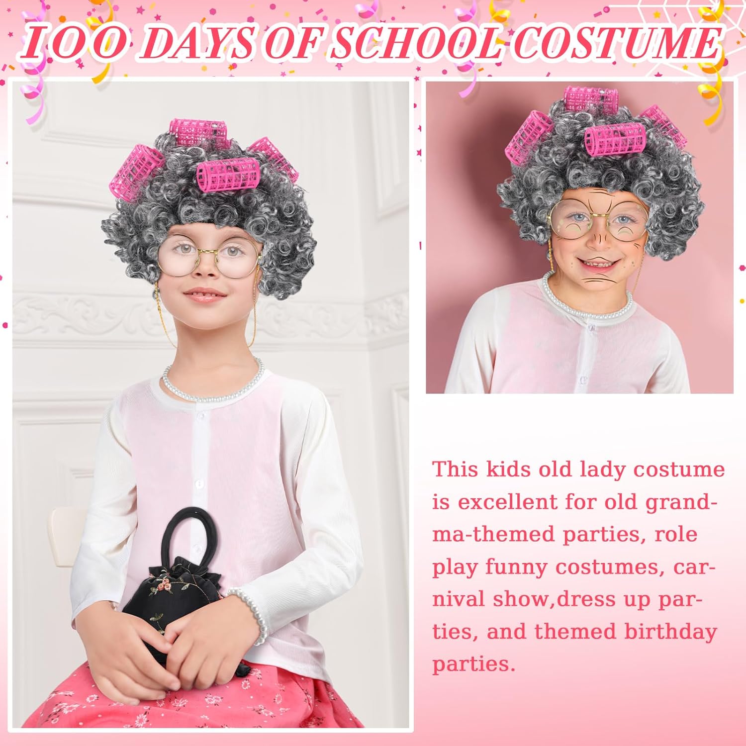12 Pcs Halloween Old Lady Costume for 100 Days of Costume Granny Outfit Granny Dress Wig with Accessories for Parties Cosplay - Image 6