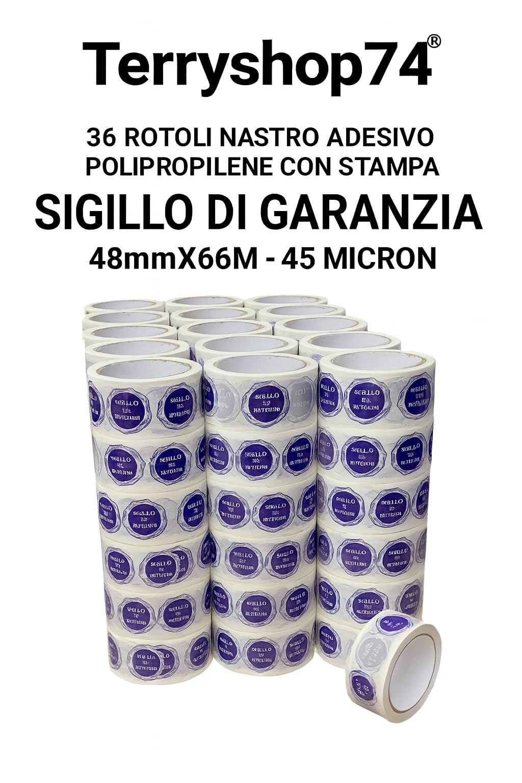 Terryshop74® 36 Rotoli Nastro Adesivo in Polipropilene con Stampa “SIGILLO DI GARANZIA” – 48 mm x 66 m – 45 Micron – Adesivo Forte per Imballaggi e Sigillature Professionali (36)