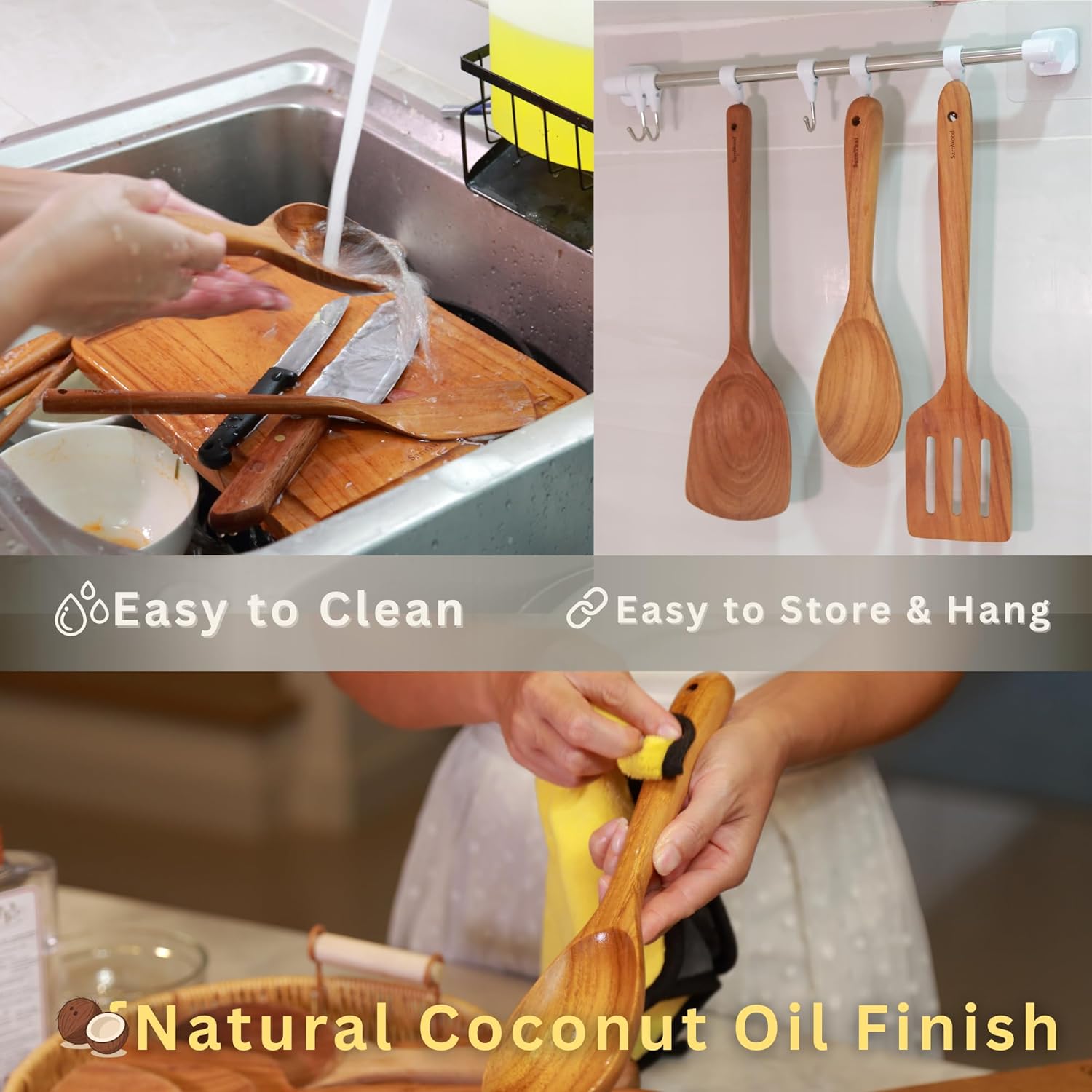 SarnThai Premium Teak Kitchen Utensil Set – 3 Piece Handmade Wooden Spatula & Spoon, Eco-Friendly Teak Cooking Tools for Nonstick Pans, Wooden Spoons for Cooking