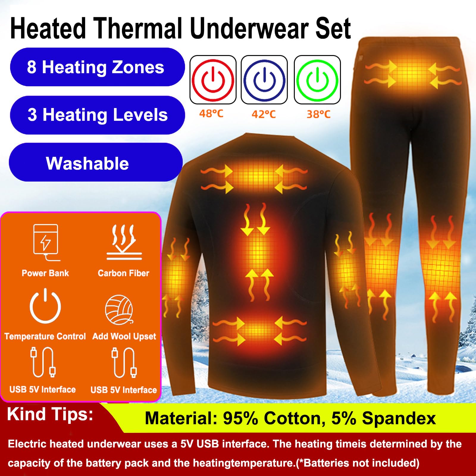 Conjunto De Ropa Interior Térmica con Calefacción para Hombre, Conjuntos Térmicos Camiseta Y Pantalón con 3 Niveles De Calefacción Y Carga USB, para Esquí, Camping, Motor Y Montañismo,3XL,Blue