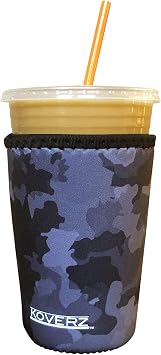 Iced Coffee Sleeve, Insulated Neoprene Cup Sleeve, Fits a 24 Oz. Coffee Cup, Washable and Reusable, Iced Coffee Accessories, Medium Black Camo
