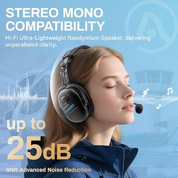AIRVOICE Aviation Headset Stereo Mono Compatible 25dB with Passive Noise Cancelling PNR General Aviation Headset with Noise Cancelling Mic Adjustable Headband Lightweight
