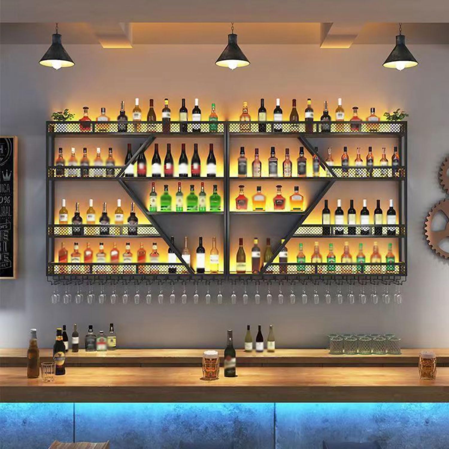 Range bouteille mural avec lumière LED et casier à vin suspendu en métal pour cuisine