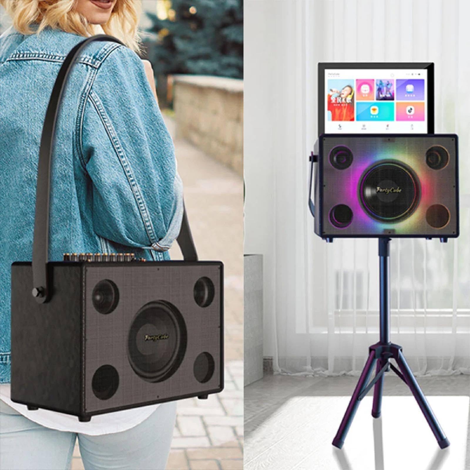 KTV - Sistema karaoke con display da 14,1", RAM da 2 GB, HDD da 500 GB, Bluetooth 5.0, WiFi a 2,4 GHz, microfono e treppiede, per intrattenimento familiare