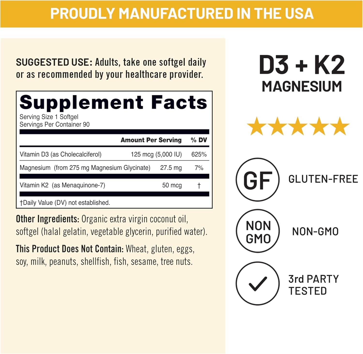 NatureWise Vitamin D3 K2 Magnesium Glycinate 275mg - Extra Strength Vitamin D3 5000IU + K2 50mcg - High Absorption Chelated Magnesium - Bone Support - Non-GMO, USA Manufactured - [90 Day Supply]